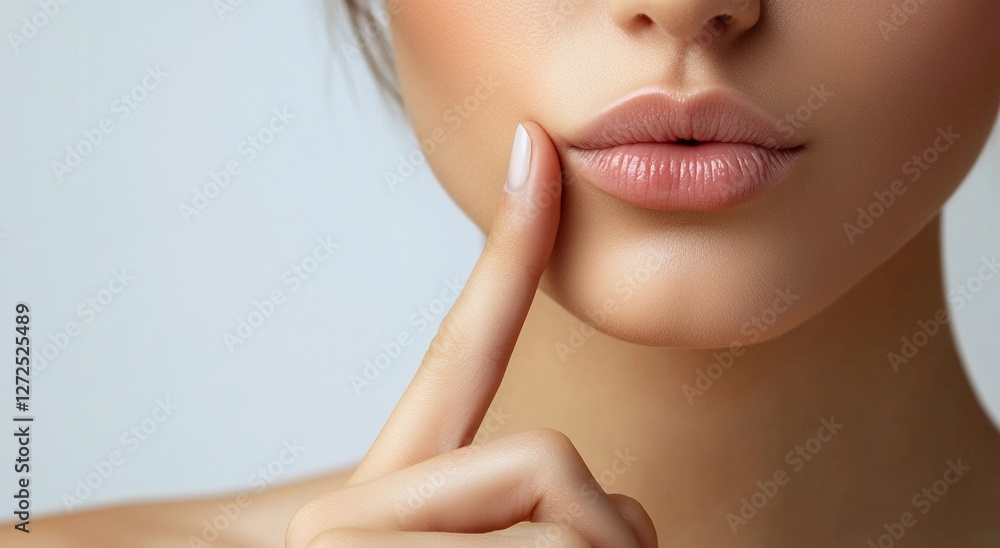 Close-up of a woman's soft, full lips with a natural pink hue, gently touching her face with a well-manicured finger, symbolizing beauty, skincare, and sensuality Close-up of a woman's soft, full lips with a natural pink hue, gently touching her face with a well-manicured finger, symbolizing beauty, skincare, and sensuality