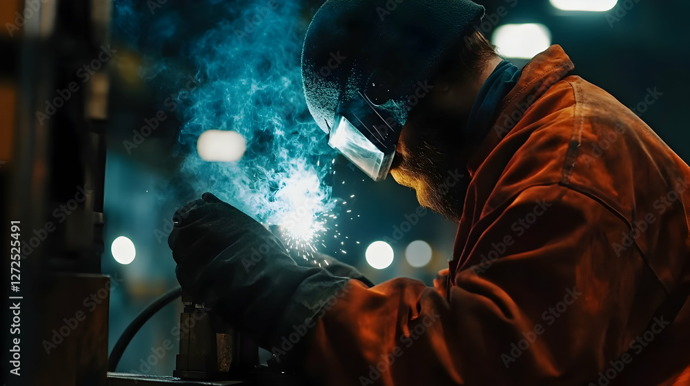 Welder works in factory at night Welder works in factory at night