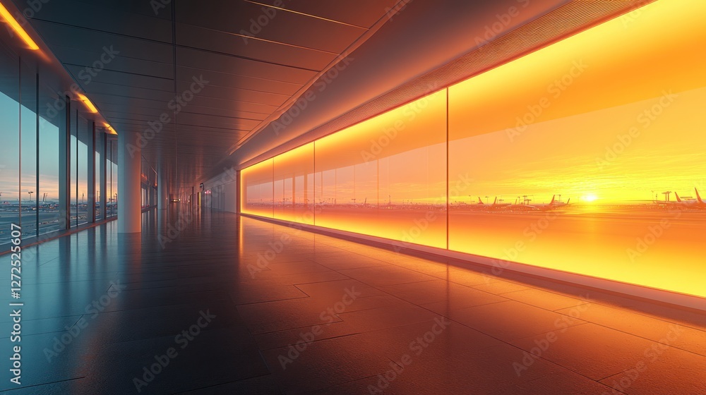 Fototapeta premium Modern airport corridor with sunset view.