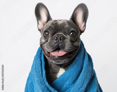 French Bulldog wrapped in a cozy blue towel, looking happy and fresh after a bath, isolated on a clean white background