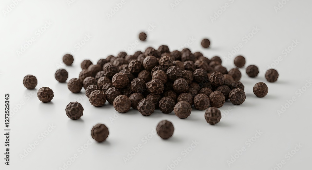 AI image of a pile of dried black peppercorns scattered against a plain white backdrop, perfect for illustrating spice, cooking, or culinary themes. AI image of a pile of dried black peppercorns scattered against a plain white backdrop, perfect for illustrating spice, cooking, or culinary themes.