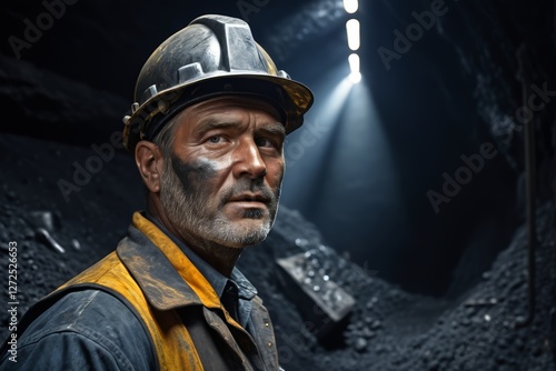 arafed man in a hard hat and vest in a coal mine photo