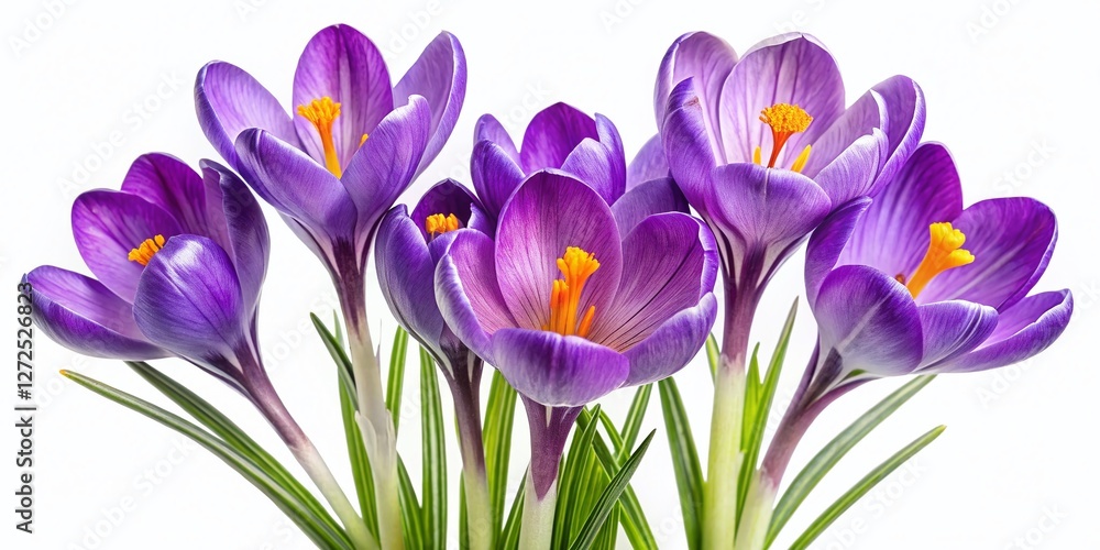Night Photography: Purple Crocus Flowers & Leaves Isolated on White Background Night Photography: Purple Crocus Flowers & Leaves Isolated on White Background