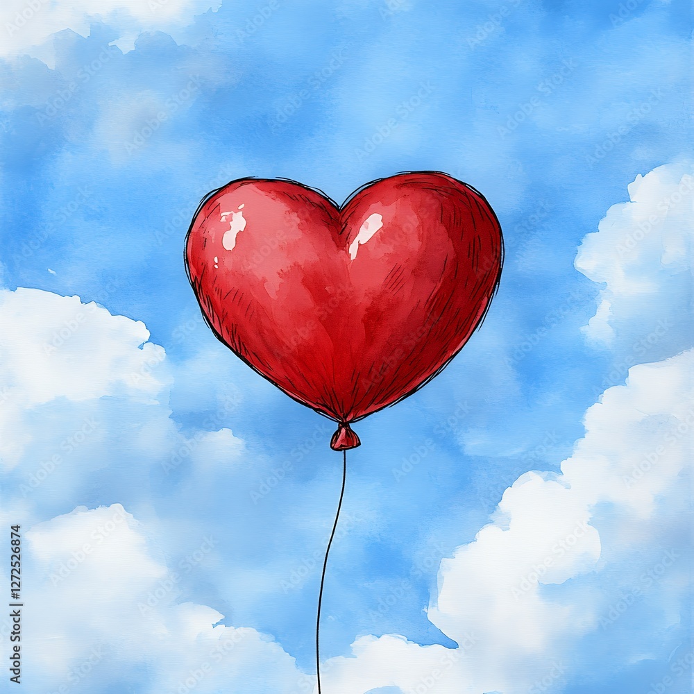 Fototapeta premium Floating Red Heart Balloon Against a Blue Sky with Fluffy White Clouds