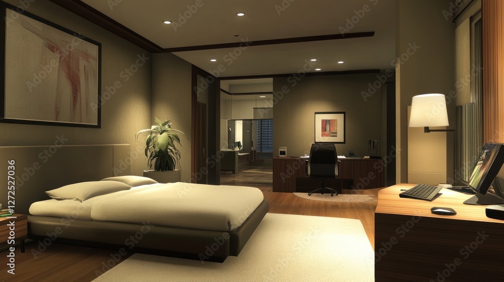 Fototapeta premium Modern bedroom suite with attached office, featuring a king-size bed, hardwood floors, and soft lighting.