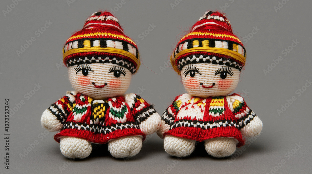 Fototapeta premium Cute Knitted Dolls in Festive Ethnic Attire – Handmade Toys with Intricate Stitch Patterns