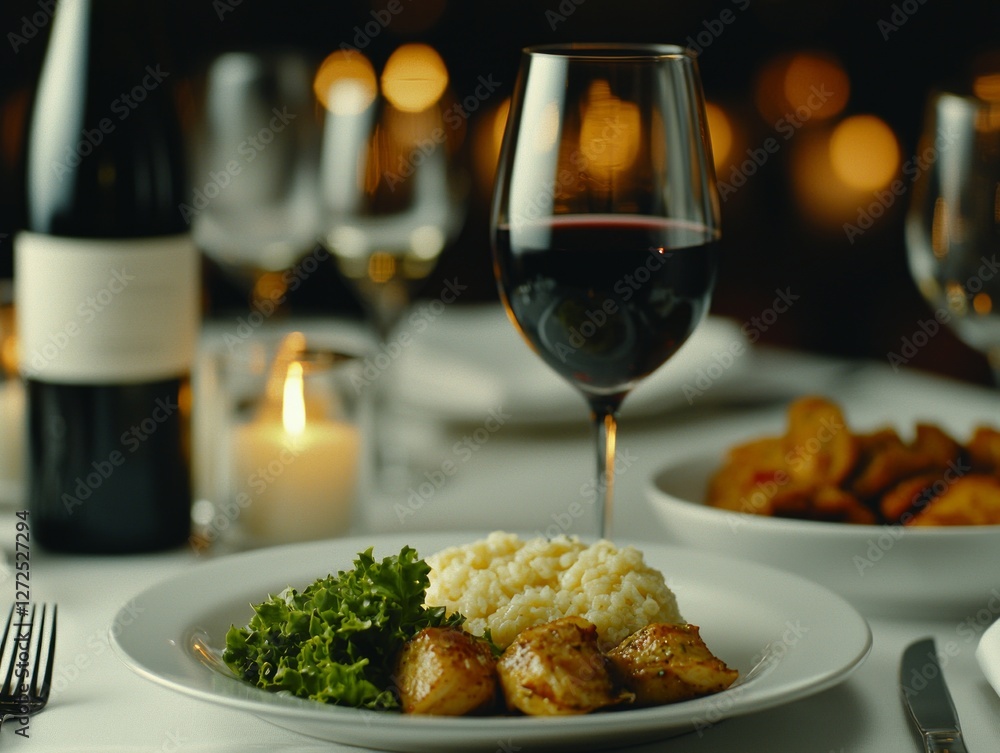 Elegant dining experience featuring grilled chicken, creamy risotto, and wine Elegant dining experience featuring grilled chicken, creamy risotto, and wine