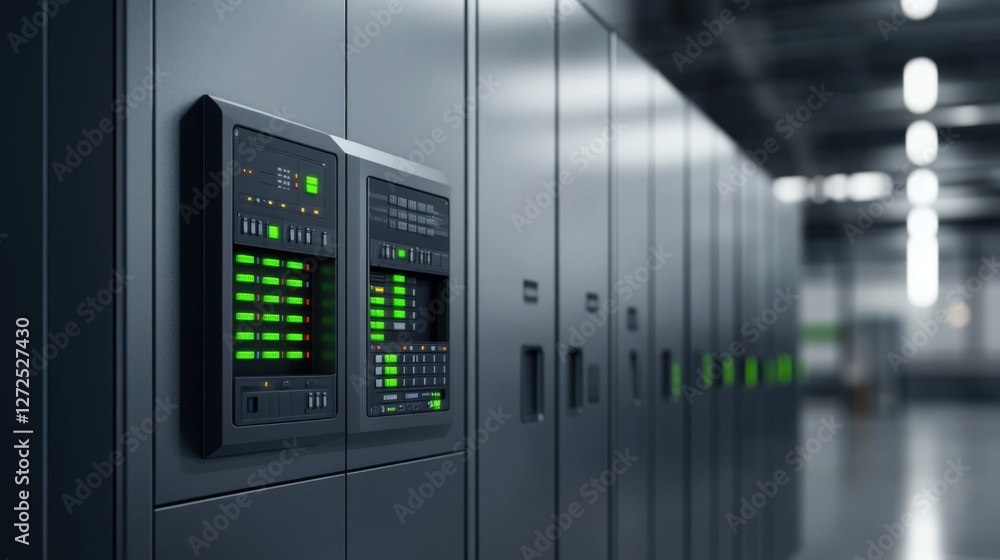 High-Tech Server Room with Illuminated Control Panels and Storage Units in Modern Data Center Environment High-Tech Server Room with Illuminated Control Panels and Storage Units in Modern Data Center Environment