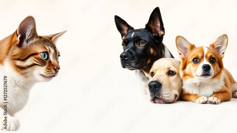 Curious Cat Observing Three Dogs A Playful Pet Portrait Curious Cat Observing Three Dogs A Playful Pet Portrait