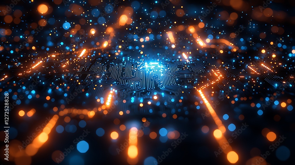 Fototapeta premium Abstract digital data streams, glowing particles, technology background; website header