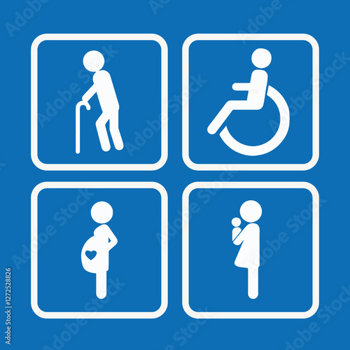 A set of priority seating icons featuring symbols for elderly individuals, disabled persons, pregnant women, and parents with infants. Suitable for signage, public transportation, and accessibility
