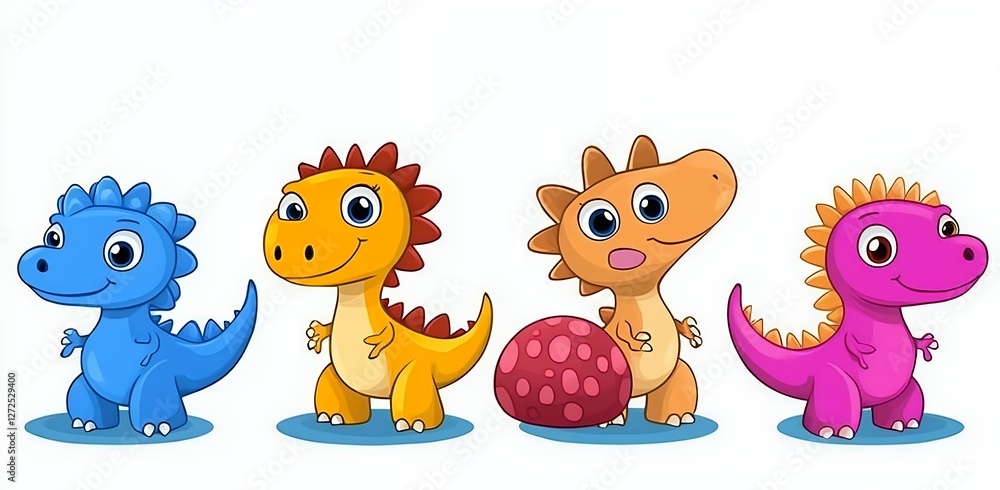Naklejka premium Four Colorful Cartoon Dinosaurs with Varying Expressions and Colors on a White Background