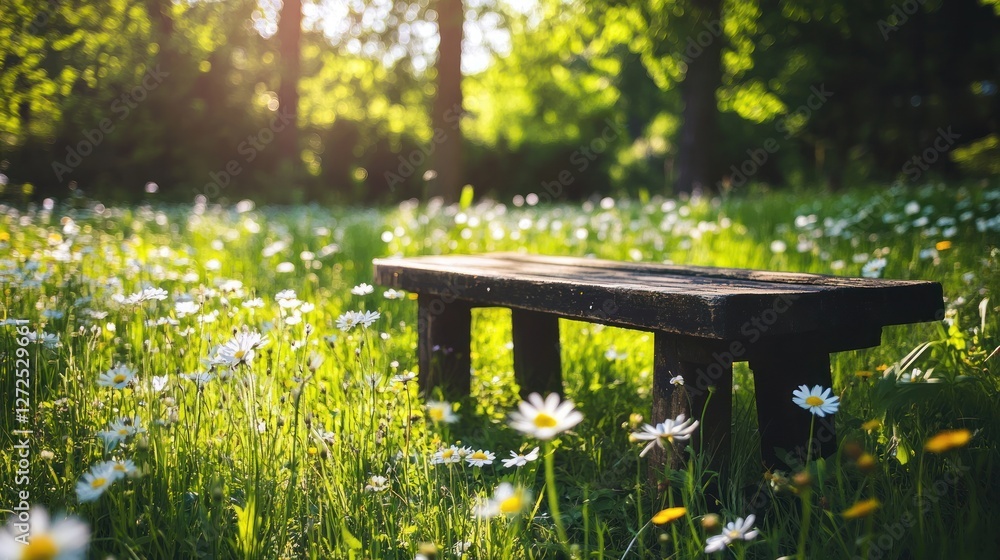 Naklejka premium Wooden Bench in Sunny Field of Daisies