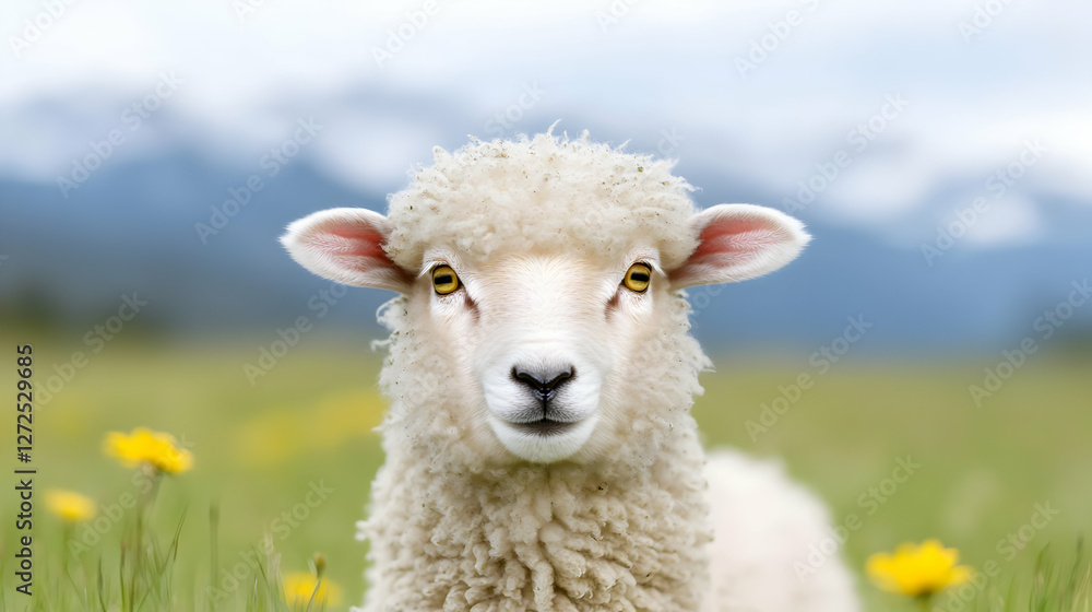 Lamb in Spring Meadow, Mountain Background Lamb in Spring Meadow, Mountain Background