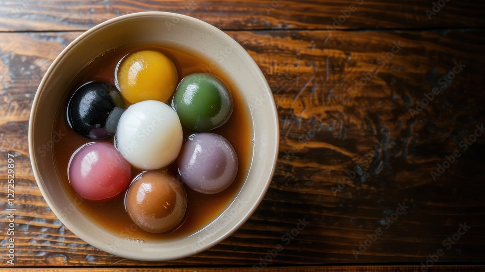 A bowl of colorful sweet dumplings in syrup, showcasing a variety of vibrant colors and textures, set on a wooden table. A bowl of colorful sweet dumplings in syrup, showcasing a variety of vibrant colors and textures, set on a wooden table.