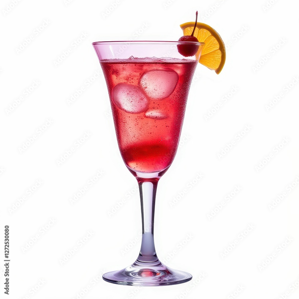 Elegant Cocktail in Glass Garnished with Cherry and Lemon Slice on a Clean White Background Elegant Cocktail in Glass Garnished with Cherry and Lemon Slice on a Clean White Background
