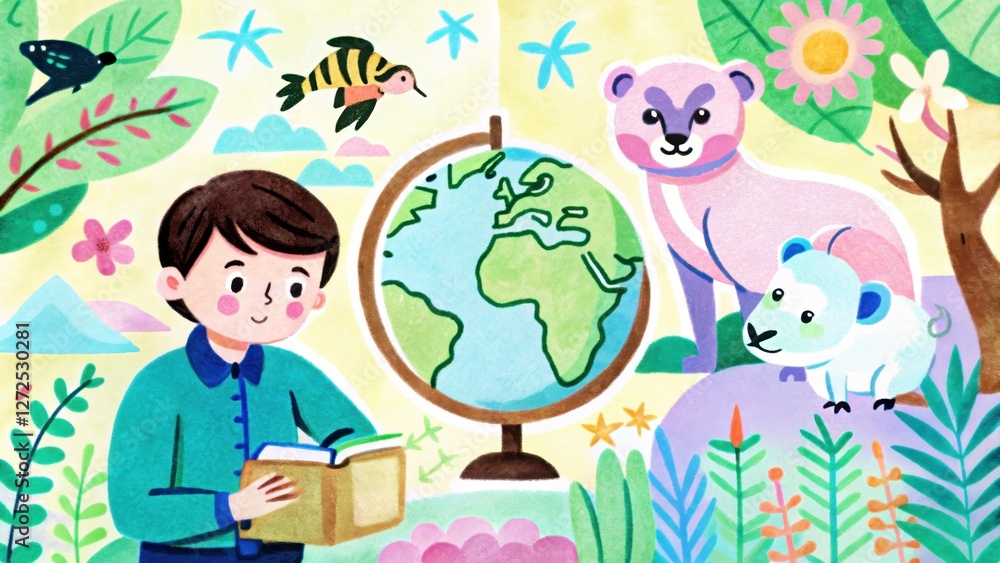 Fototapeta premium Exploring Nature with a Globe Child's Room Illustration Vivid Colors Playful Scene Learning Adventure