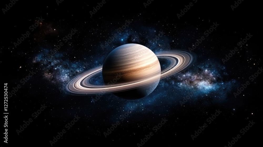Naklejka premium Saturn with its prominent rings floats in deep space against a backdrop of a glowing blue nebula and distant stars.