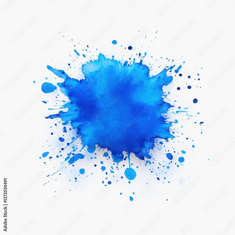 Fototapeta premium Vibrant Blue Watercolor Splash with Artistic Drips and Sprays on White Background for Creative Projects