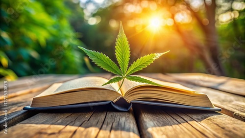 Open Book, Cannabis Leaf, Wooden Surface: Nature's Knowledge
