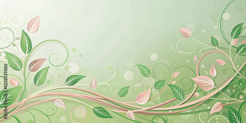 Serene pastel pink and green leaves with swirling vines on a soft background Serene pastel pink and green leaves with swirling vines on a soft background