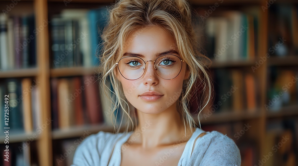 Blonde woman, glasses, library bookshelves, studying, education Blonde woman, glasses, library bookshelves, studying, education