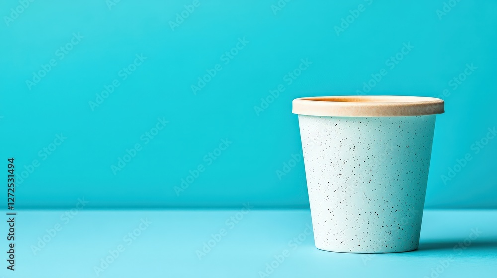 Minimalist pastel ceramic pot with wooden rim on turquoise background Minimalist pastel ceramic pot with wooden rim on turquoise background