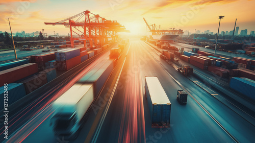 Container truck in ship port for business Logistics and transportation of Container Cargo ship and Cargo plane with working crane bridge in shipyard at sunrise, logistic import export and transport