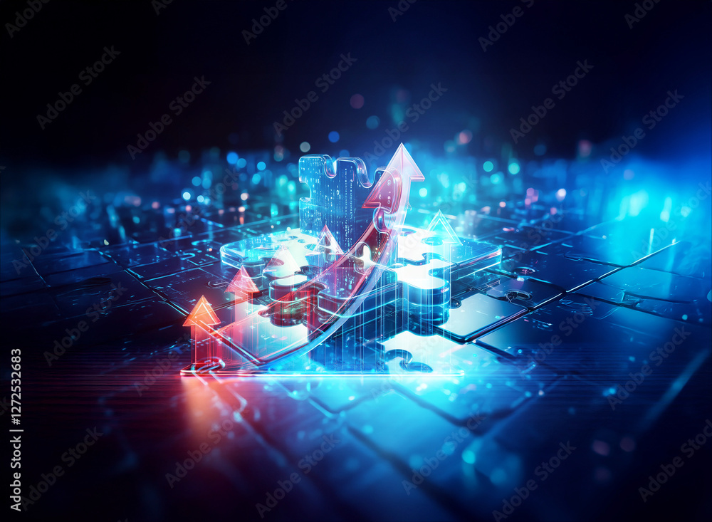 Obraz premium Futuristic digital landscape with glowing circuitry and upward arrows symbolizing growth and progress in a high-tech environment.