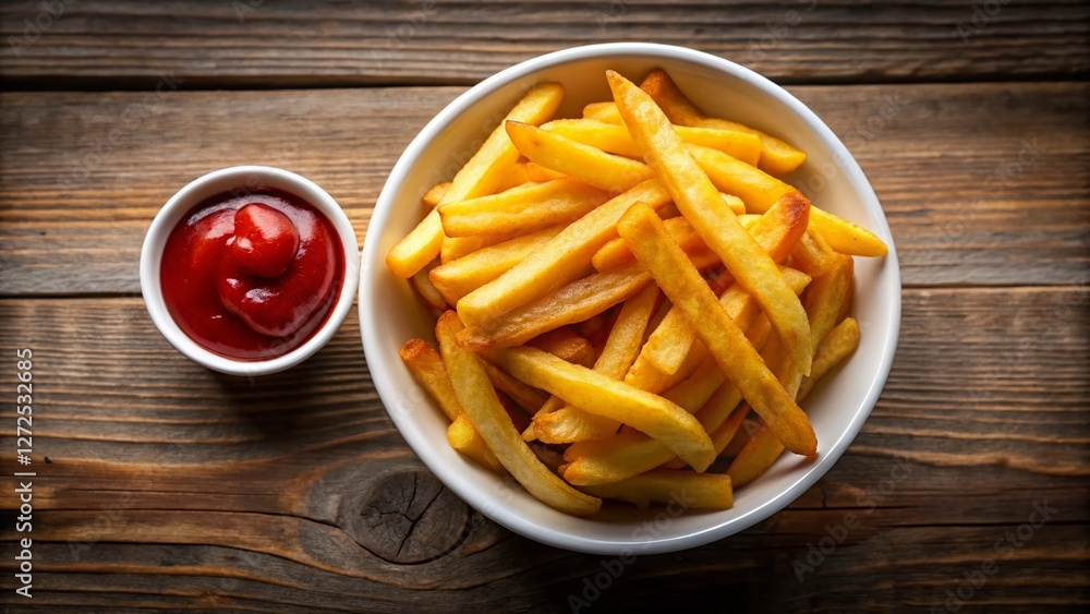 Overhead Shot: Crispy French Fries & Ketchup in Bowl - Low Light Food Photography