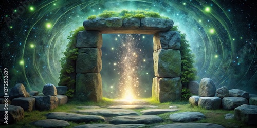 Ancient Stone Gateway to a Luminous Celestial Realm, Enchanting Pathway Beckoning Exploration