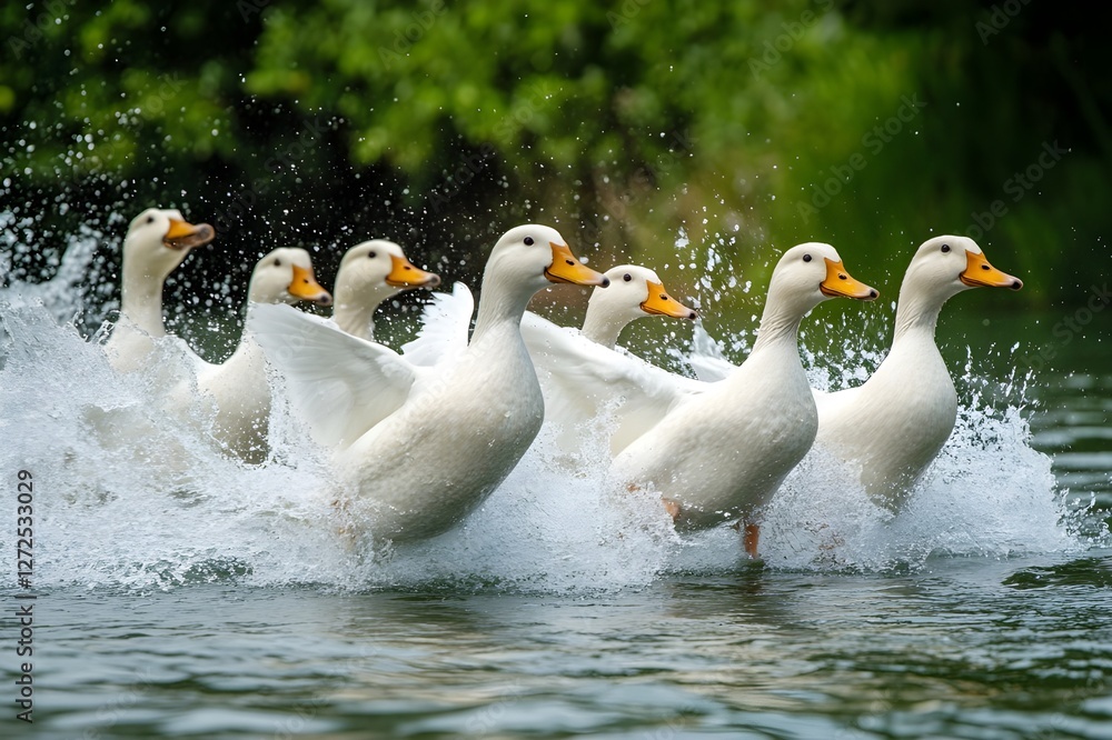 Obraz premium Low Noise on the Water's Surface A group of white ducks happily play, splashing the water with their wings as they compete to catch small waves at the edge of the lake