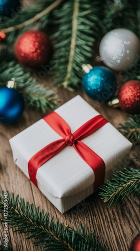 Festive gift box wrapped with a red ribbon surrounded by Christmas ornaments