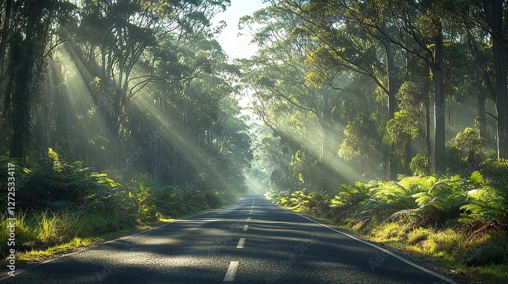 Fototapeta premium Sunbeams Illuminate Forest Road Through Lush Greenery
