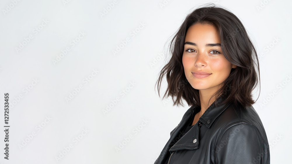 Brunette happy woman wearing black leather jacket smiling isolated on white background Brunette happy woman wearing black leather jacket smiling isolated on white background