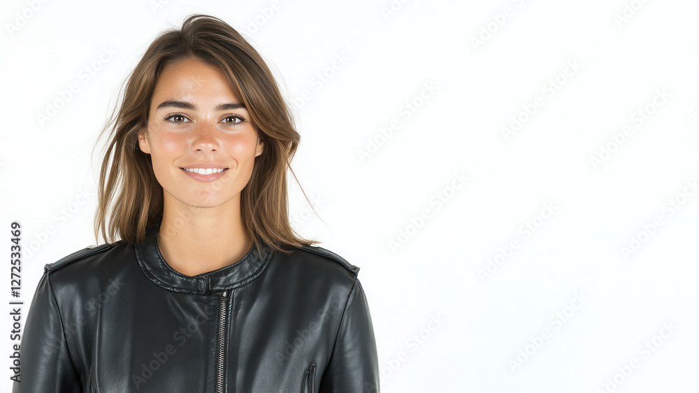 French happy woman wearing black leather jacket smiling isolated on white background French happy woman wearing black leather jacket smiling isolated on white background