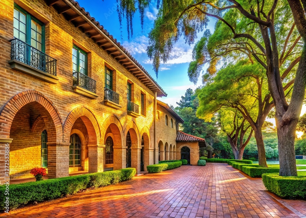 Fototapeta premium Palo Alto Brick Building, Archway Walkway, Green Park Scene - Stock Photo