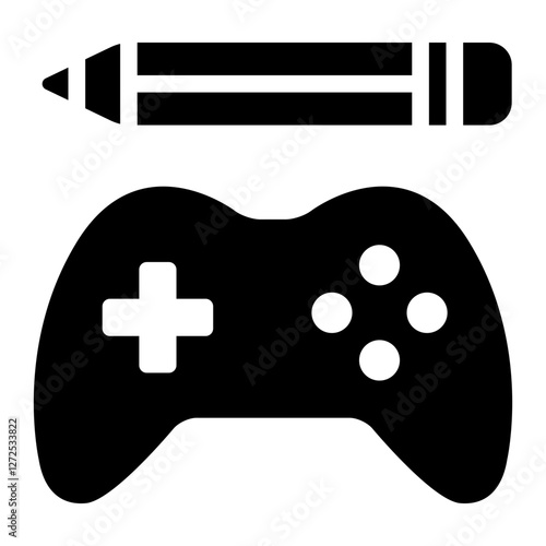 Game controller with pencil glyph icon representing game design, creativity, and development