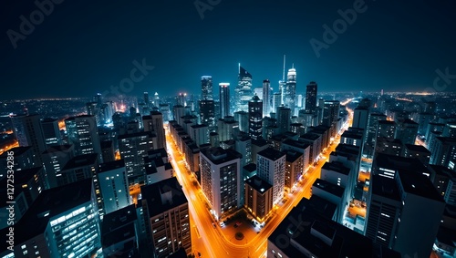 Night Cityscape  Aerial View of Illuminated Skyscrapers and Streets