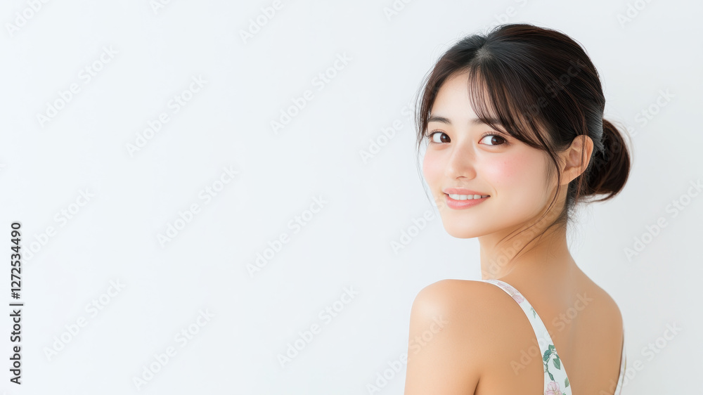 Japanese woman wearing a white dress with a rose pattern smiling isolated Japanese woman wearing a white dress with a rose pattern smiling isolated