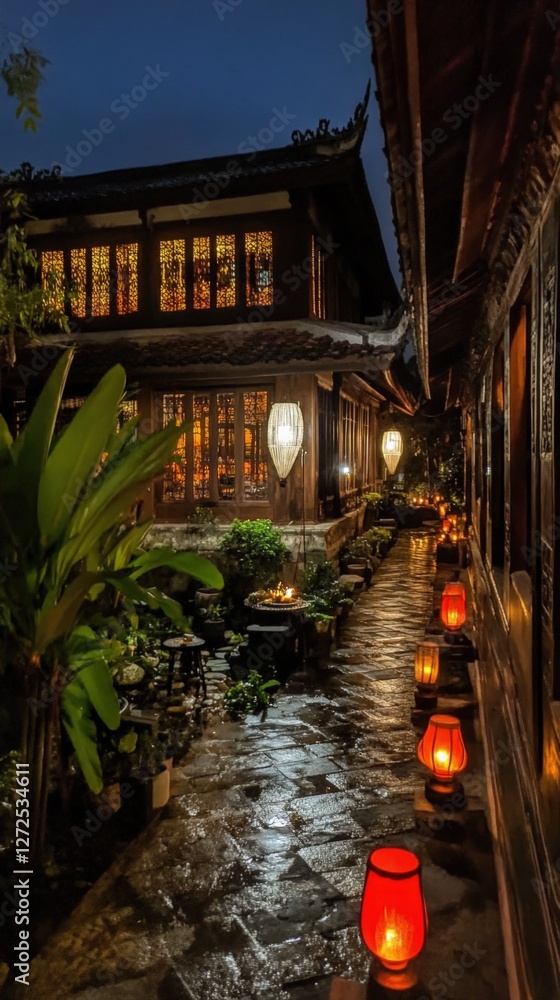 Naklejka premium Red Lanterns Light Stone Path to Illuminated Asian Building at Night