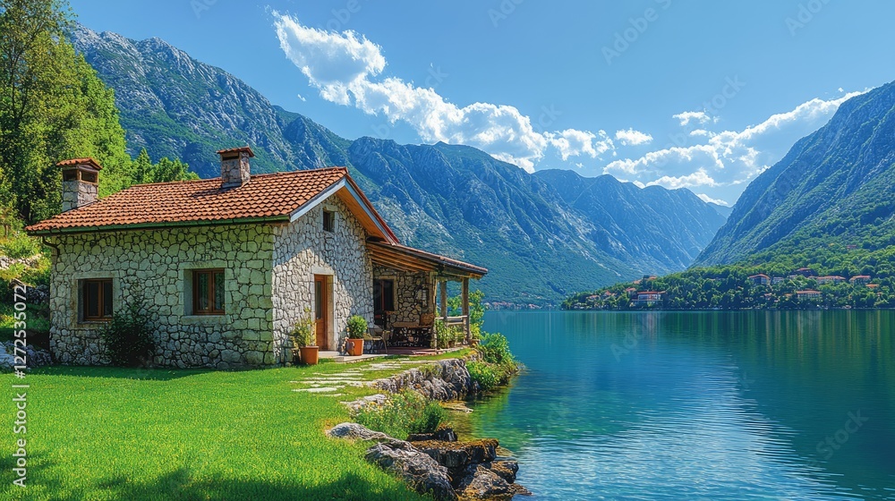 Naklejka premium Lakeside stone house, mountain view, sunny day, postcard