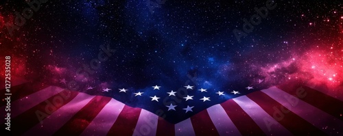 American Flag Overlayed on a Cosmic Sky Full of Stars and Nebulae Creates a Patriotic Stellar Scape photo