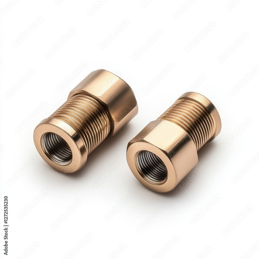 Two Copper Hex Couplings on White Background for Plumbing and Mechanical Applications Two Copper Hex Couplings on White Background for Plumbing and Mechanical Applications