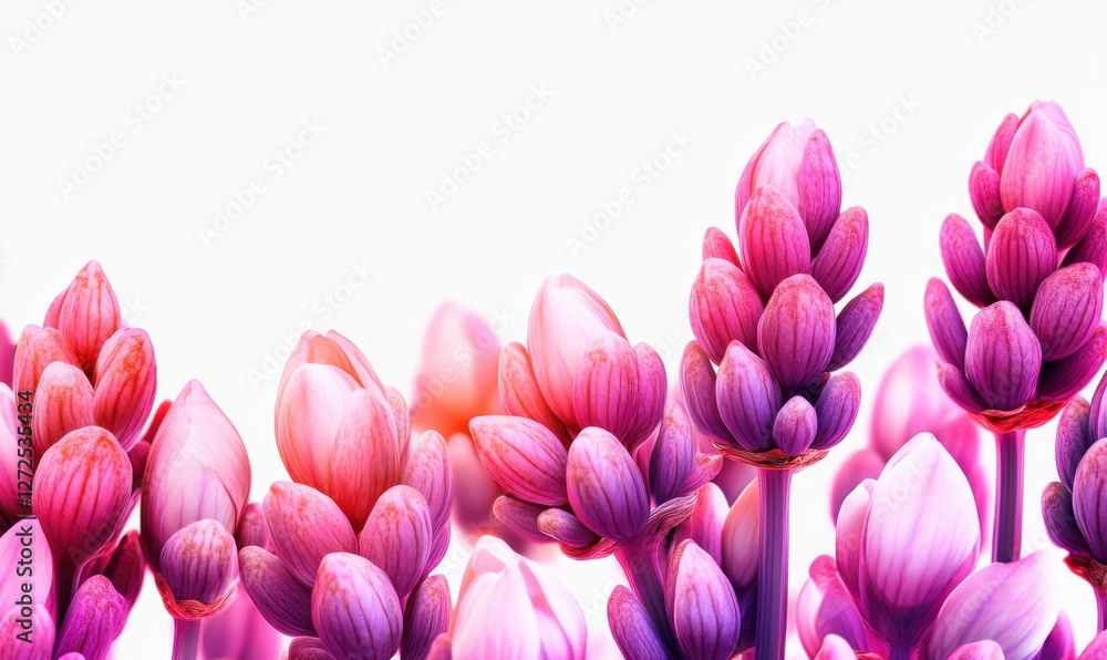 Fototapeta premium Vibrant close-up of blooming pink flowers against a soft white background, evoking serenity