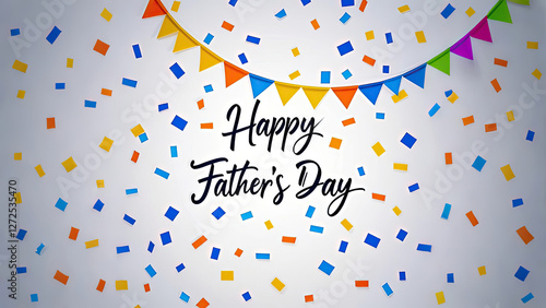 Stylish 'Happy Father's Day' in handwritten font with blue, yellow, and orange confetti, embodying a trendy and energetic celebration.