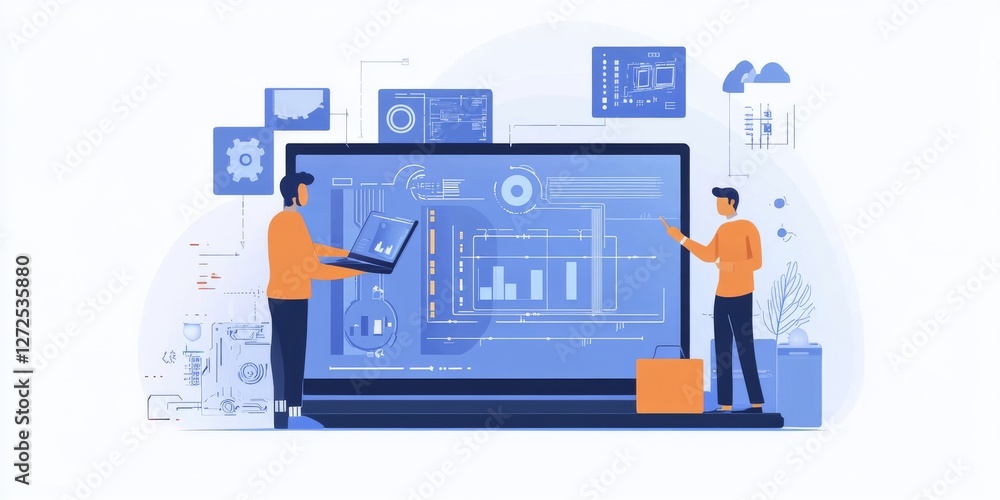 Industrial engineer and supervisor using laptop analytics to enhance electronics production workflow Industrial engineer and supervisor using laptop analytics to enhance electronics production workflow