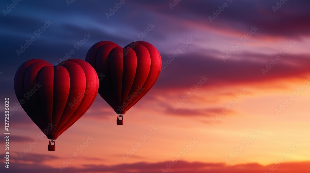 Obraz premium Heart Shaped Hot Air Balloons Floating at Dusk Against a Colorful Sky Romantic Valentine Celebration