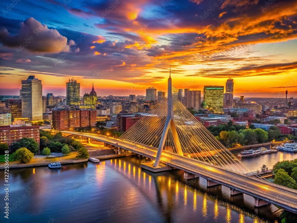 Fototapeta premium Panoramic Boston Skyline Twilight Zakim Bridge Cityscape Photography