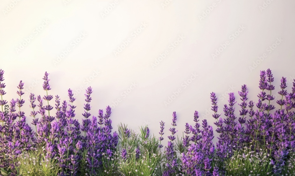 Fototapeta premium Vibrant lavender field in full bloom against a soft pastel background, evoking tranquility